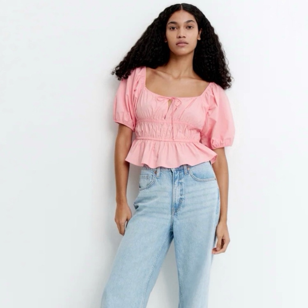 H&M Pink Puff Sleeve Blouse Size XL Cotton Poplin Ruffles Tie Keyhole Feminine - Picture 12 of 12